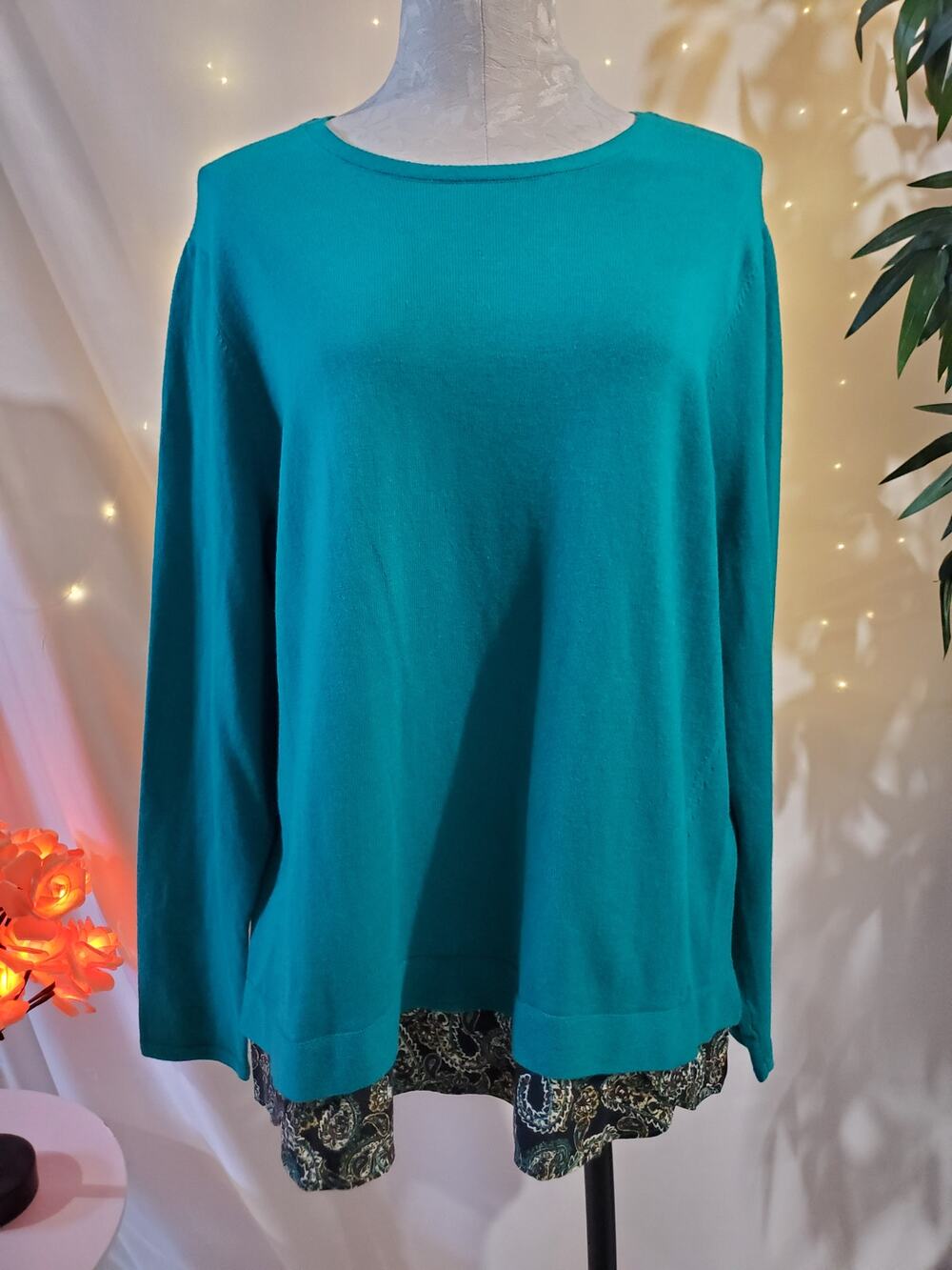 J. Jill Button Back Paisley Hem Tunic Sweater Womens Size L Green Pullover